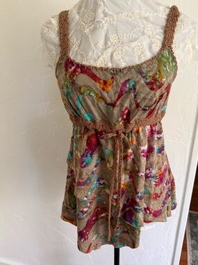 Santiki Boho Batik Crochet Trim Empire Waist Top XL